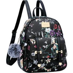 KKXIU Girls Small Backpack Purse Vegan Leather Mini Bookbag for Women Cute Teen Pompom Daypack (Black Flower)