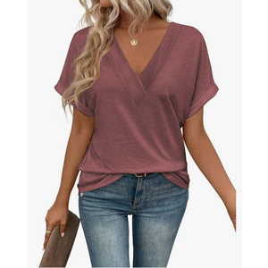 T Shirts Short Sleeve V Neck Tees Womens Tops Beach Vacation Fashion Clothes 2025 Casual Summer Spring Fall Outfits Size L