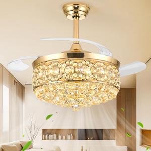 48" Fandelier Ceiling Fan with Light, Chandelier Ceiling Fans with Lights,Retractable Crystal Ceiling Fan for Bedroom Living Room,6 Wind Speed,3 Color Tempeature-Gold