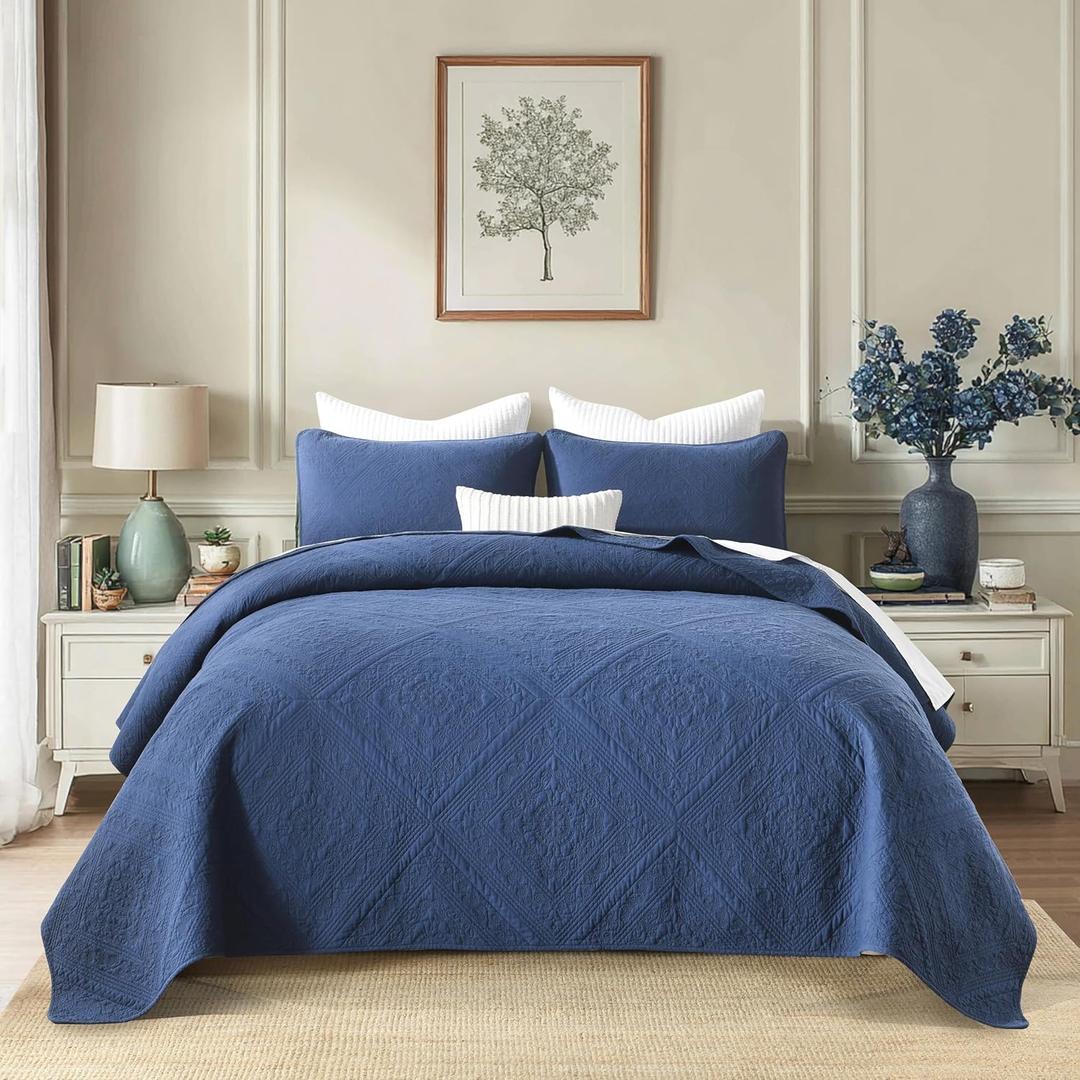Navy Blue BeddingCotton Queen Size Comforter SetFarmhouse Printed Pattern BedspreadsSoft Cotton Quilt Solid Color Lightweight Bedspread All Seasons 3 Piece