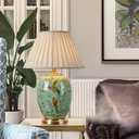 Green Flower and Bird Ceramics Table Lamp 25.5" Chinoiserie Lamp American Handmade Beige Linen Drum Shade Decor for Living Room Bedroom House Bedside Home