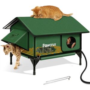 100% Waterproof Heated Cat House for Outdoor Cat with Safe Escape Door, Cat Bed Weatherproof Cat Shelter Kitty with Cat Heating Pad, Insulated Warm House for Feral Cat(Green, 24.1"x16.1"x20.3")