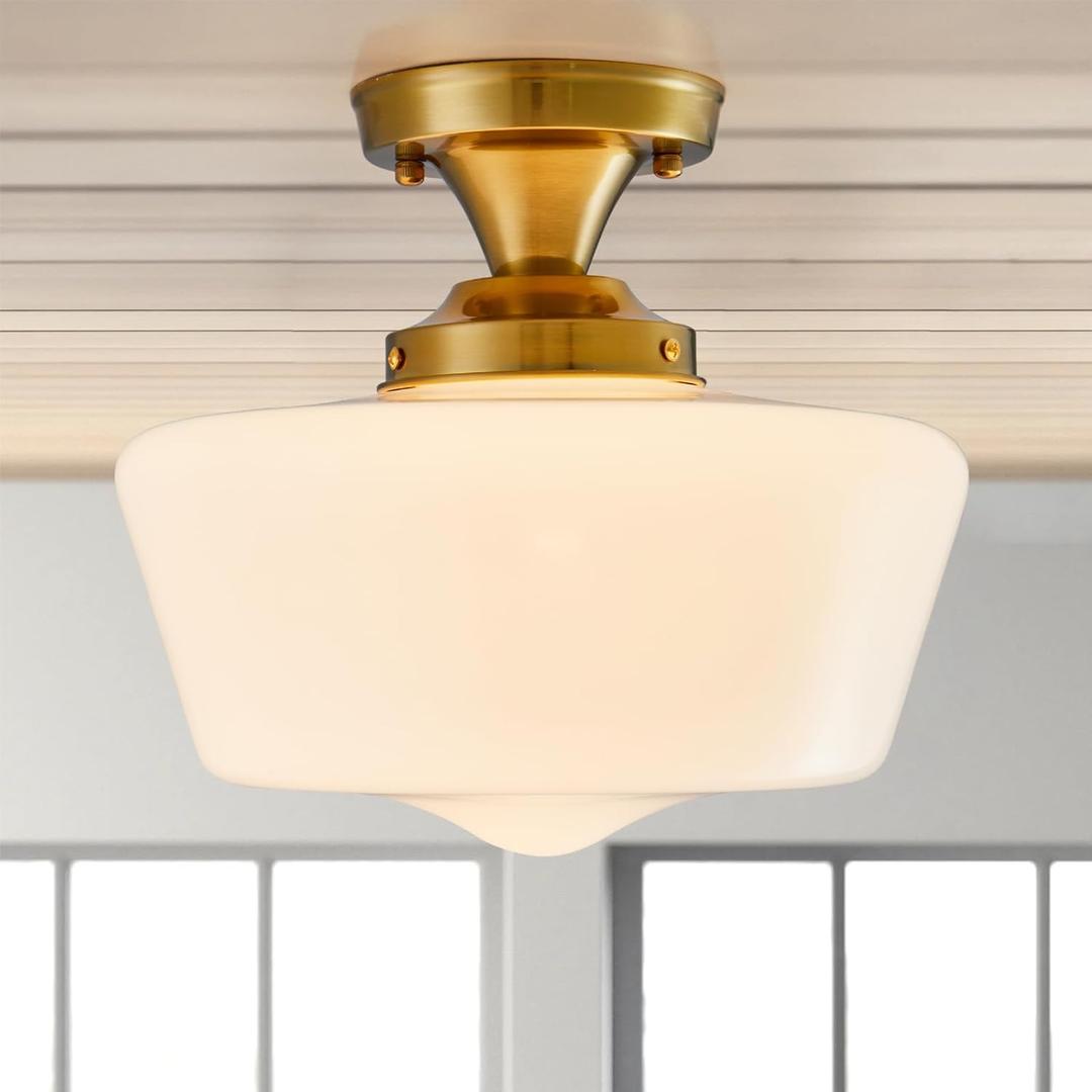 Schoolhouse Light Fixture Modern Gold Ceiling Light,Semi Flush Mount Ceiling Light,12''Wide Opal Milk Glass Shade,Brass Vintage Light for Farmhouse Bedroom Kitchen Hallway Entryway