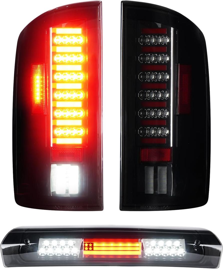 Tresound Tail Light + 3rd Brake Cargo Lamp for Dodge Ram 1500 2002-2006, Ram 2500 3500 2003 2004 2005 2006, High Mount Stop Light Rear LED Taillight Assembly, 55077348AF 55077347AF