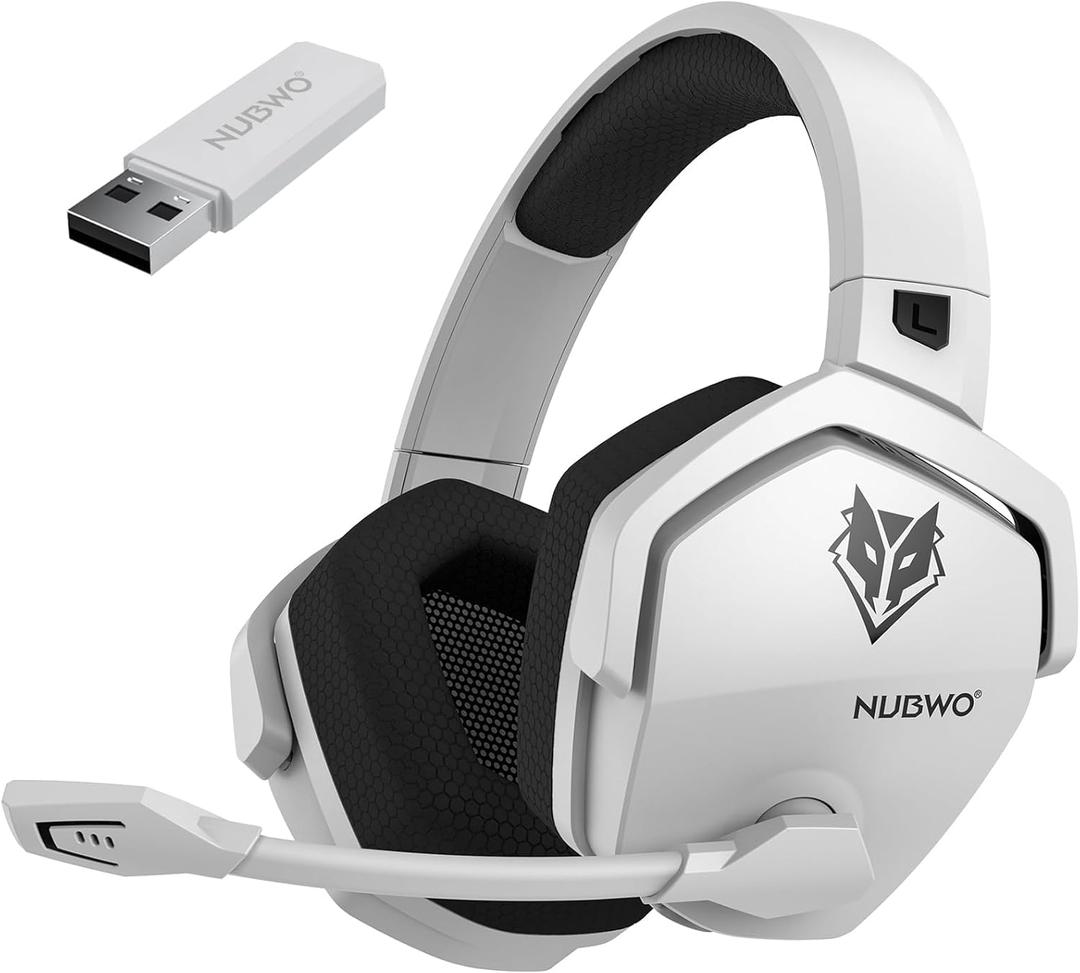 NUBWO Wireless Gaming Headset, 5.3 Bluetooth Gaming Headphones for Ps5, Ps4 Fortnite & Call of Duty/FPS Gamers, PC, Ns, 2.4GHz Headphone with 100Hr Battery, Flip Noise Canceling Microphone - White