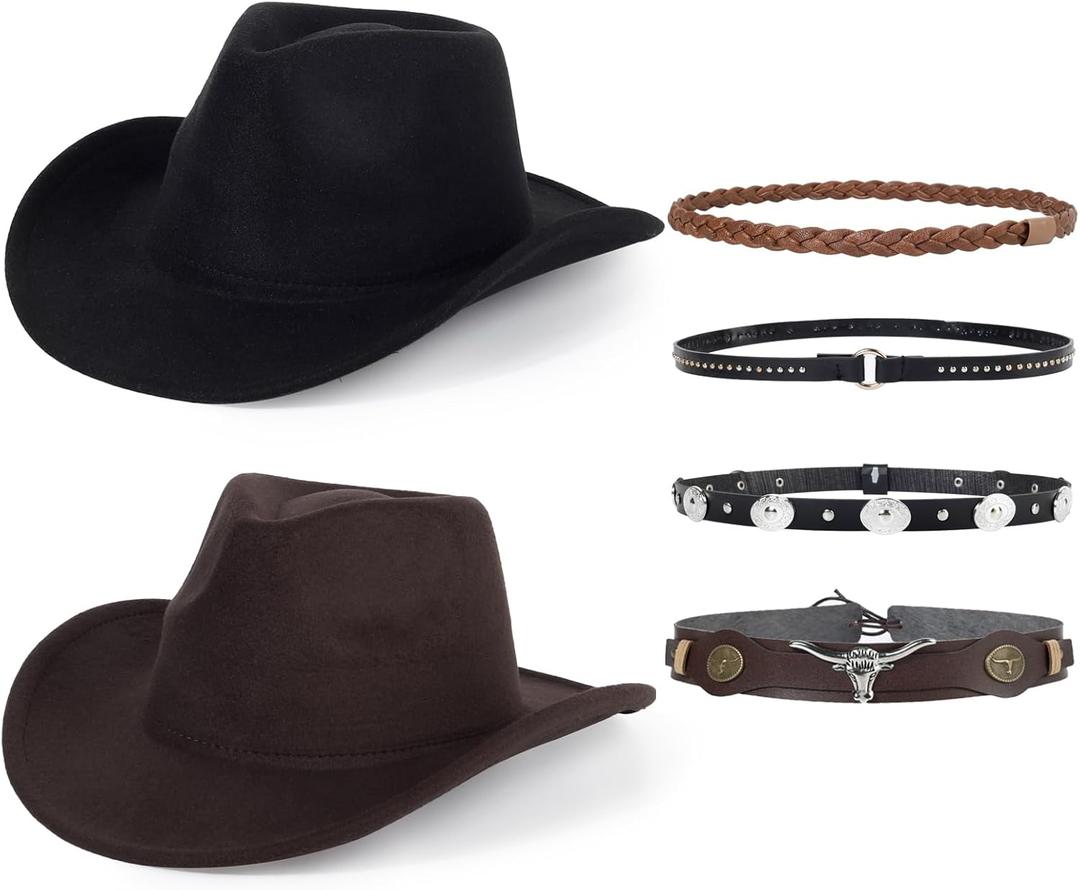 2 Pack Western Cowboy Hats for Women and Men Classic Felt Wide Brim Costume Cow Boy Hat Roll Up Brim Cowgirl Hat (Black - Coffee)
