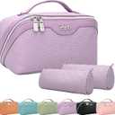 BOYATU Travel Makeup Bag Organizer Cosmetic Bag: 3 Pcs Set Make up Bags for Women with Handle - Waterproof Vegan Leather Toiletry Bags with Comparments (C-01-Purple)