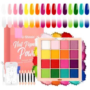 Nail Pigment Powder Palette Set, 16 Colors Ombre Nail Powder Palette with 100pcs Sponges & Tweezers French Aura Nails Ombre Nail Brush Nail Long-lasting Manicure Art DIY Accessories (Color12)