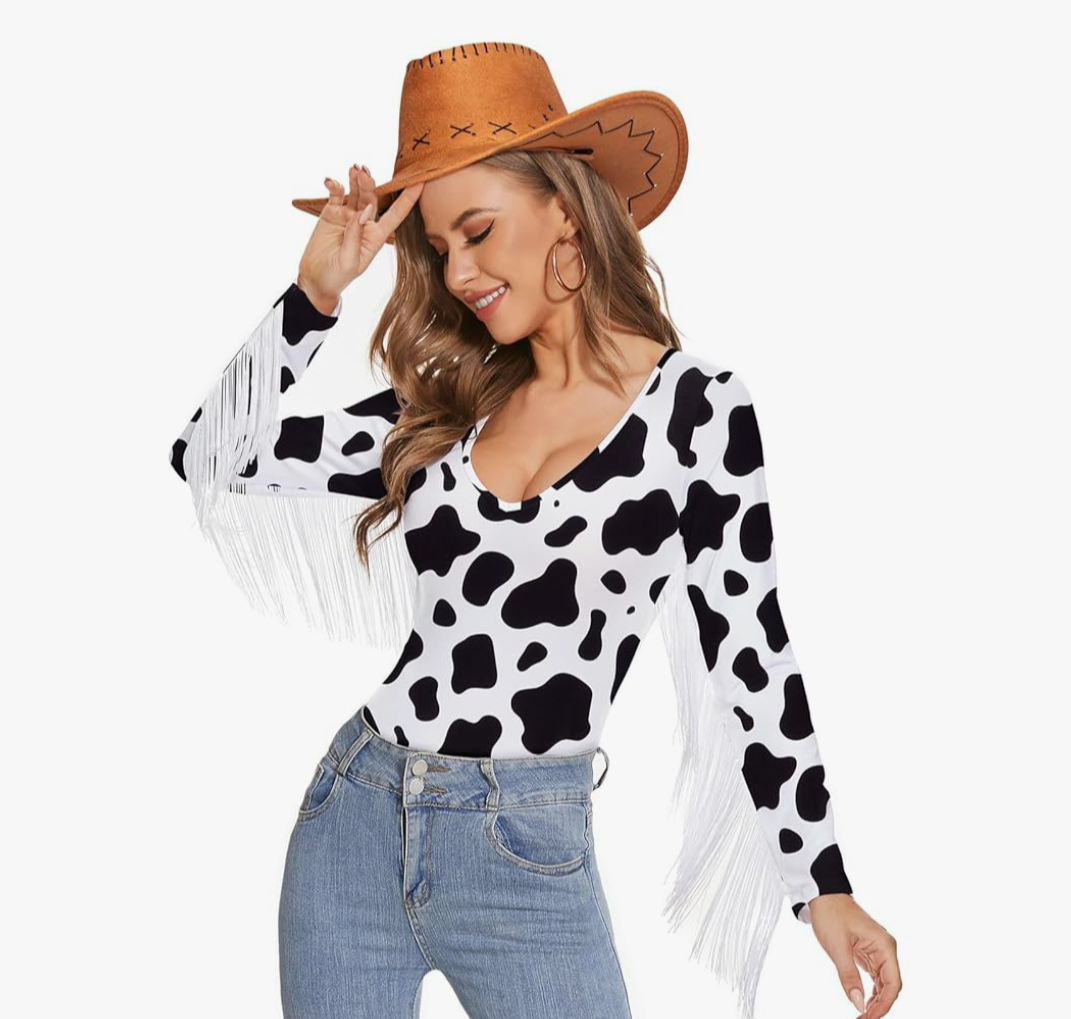 American Trends Women's Fringe Trim V Neck Long Sleeve Bodysuit Top Body Suit Concert Cowgirl Disco Outfits Leotard Jumpsuit 2XL