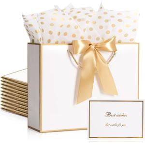 PASEOTA 12.6" Gift Bags Medium Size Set of 10 - Includes Tissue Paper, Cards & Ribbons, Luxury Gift Bags with Handles for Bridesmaid Wedding Birthday (12.6" x 9.8" x 3.9", White Gold)