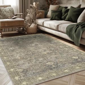 3x5 Washable Rug Persian Floral Small Area Rugs Washable Non-Slip Throw Rug Low Pile,Ultra-Thin Polyester Under Table Carpet Rugs for Bedroom 3x5,Kitchen Mat,Entryway (Light Green/Beige)