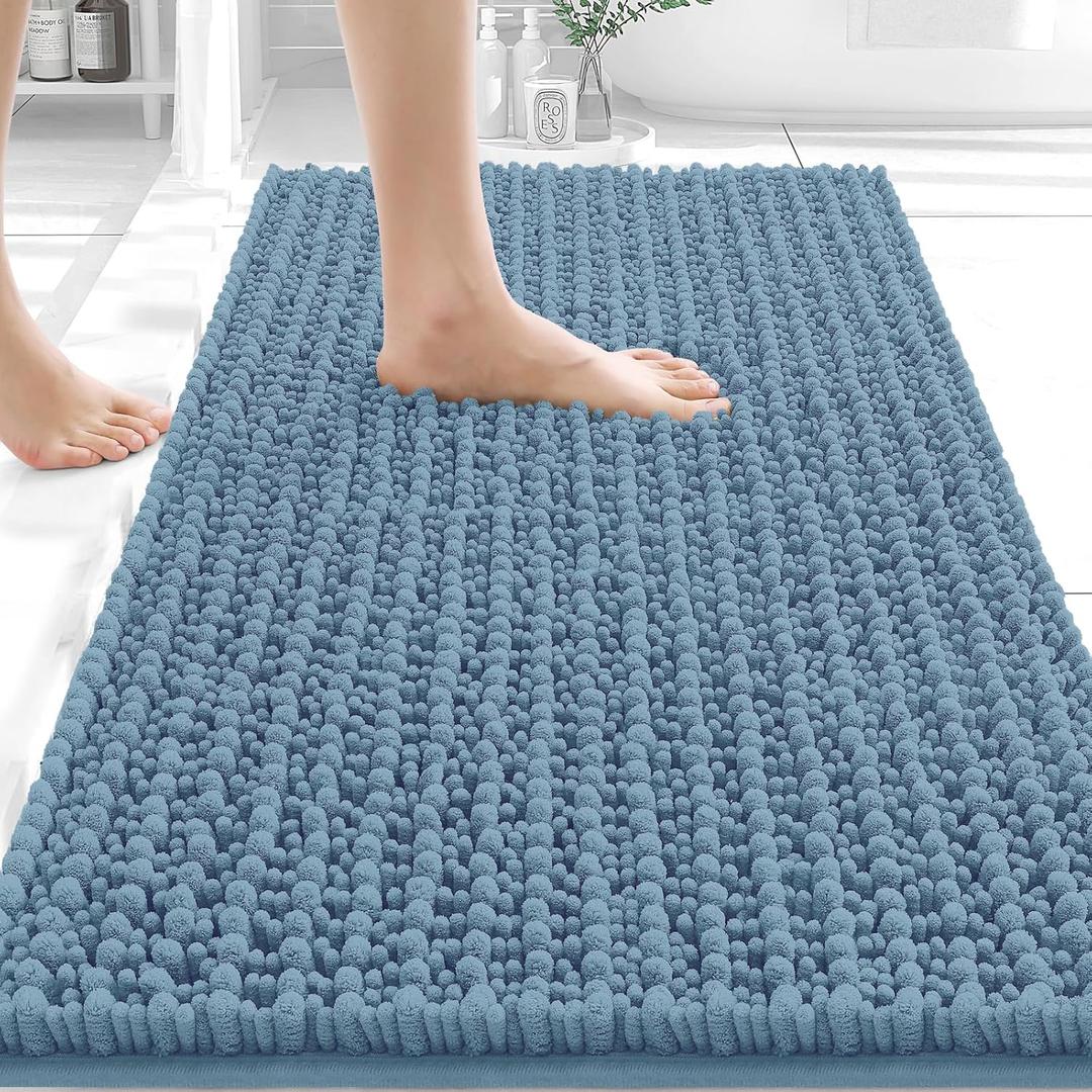 OLANLY Bathroom Rug Mat 34x21, Thick Soft and Absorbent Chenille Bath Mat, Non-Slip Rubber Backing, Machine Washable Quick Dry Bath Rugs for Tub Shower Floor, Home Decor Accessories, Airy Blue