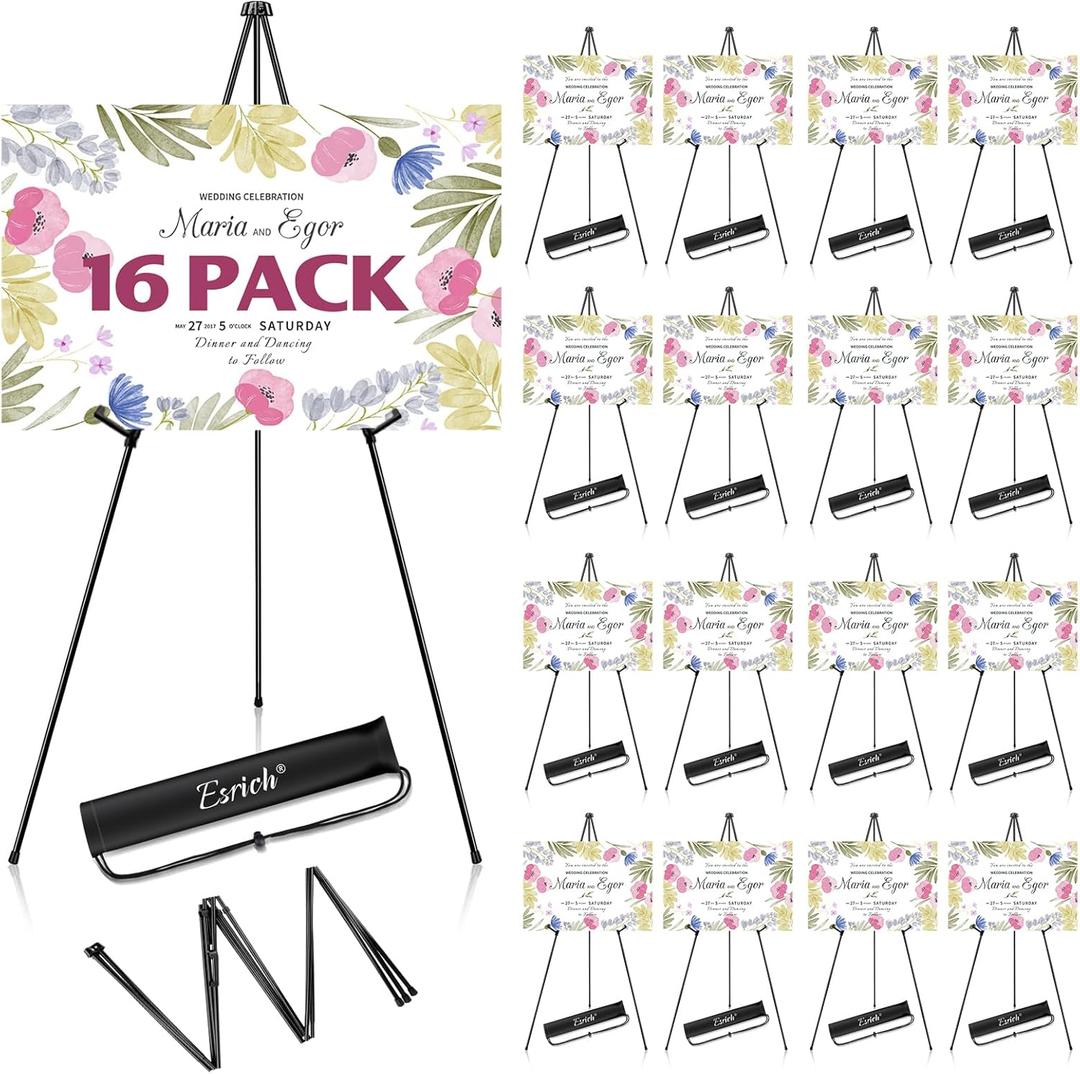 ESRICH 63" Display Easel Stand for Wedding Sign, Portable Foldable Metal Easel, Lightweight Metal Easels for Signs Wedding Logos,Arts, Painting, Adjustable Floor Easels with Storage Bag (16Pack)