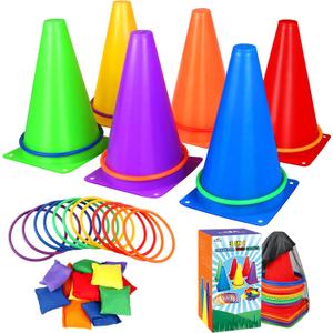 31 PCS Christmas Carnival Games, 3 in 1 Indoor Outdoor Bean Bag Ring Toss Games for Kids Birthday Party, Plastic Soft Cones Yard Lawn Game for Family Party Kid's Gift (9")