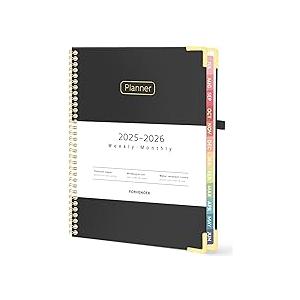 2026 Weekly and Monthly Planner - from January 2026 - December 2026, Daily Agenda Planner with Monthly Tab, Flexible Cover, Note Pages, Pockets, Bookmark, Spiral Binding, Black