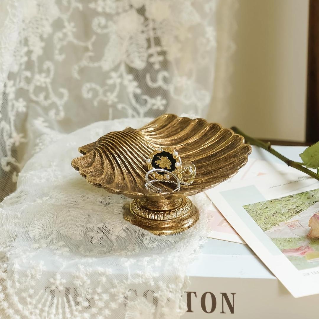 NIKKY HOME Vintage Gold Ring Holder Jewelry Dish, Shell Shaped Trinket Display Decorative Metal Tray Classy Birthday Gifts for Women