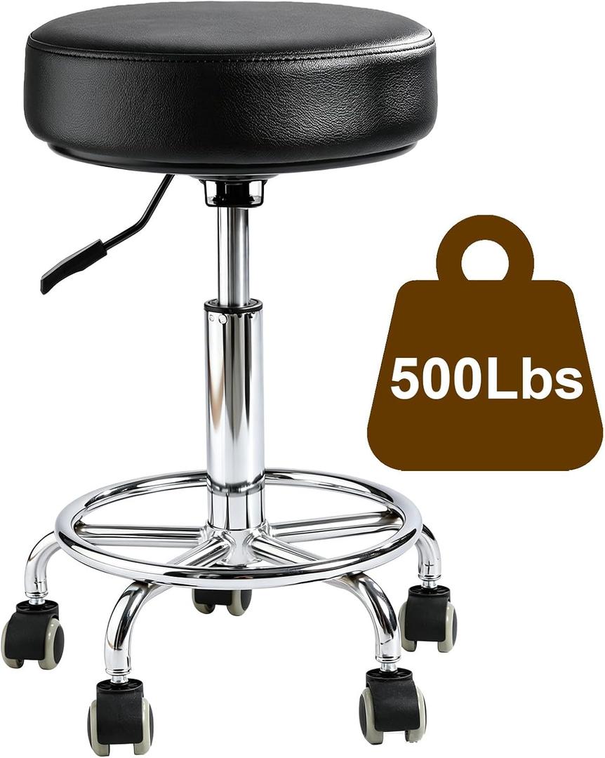 500lbs Heavy-Duty Adjustable Rolling Stool with Wheels & Foot pedal ring, 22.44 in x 22.44 in x 10.23 in