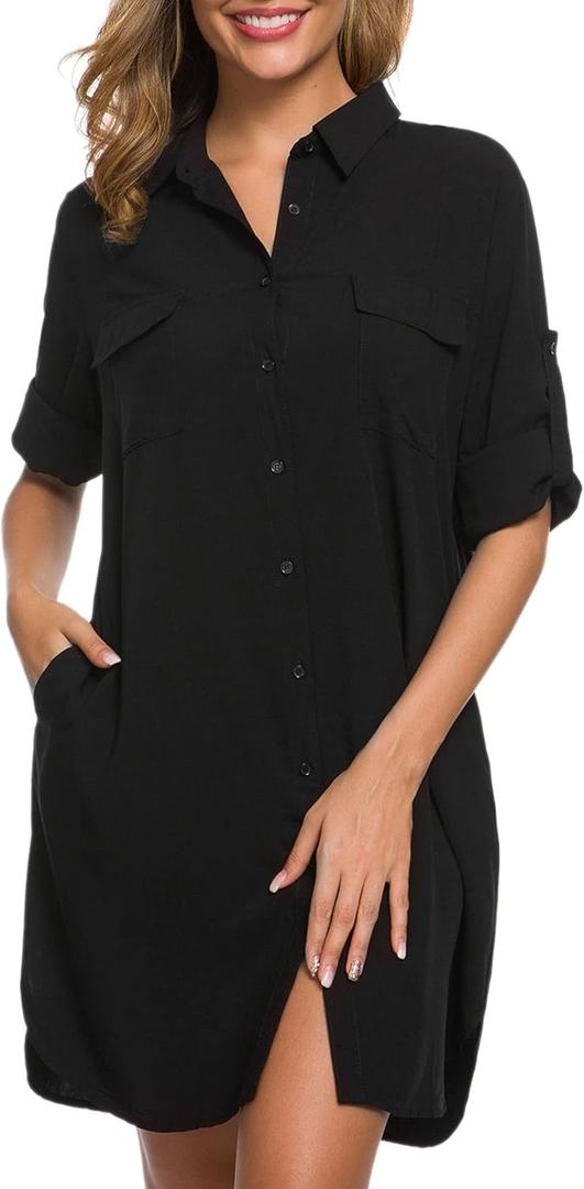 LUSMAY Women's Long Sleeve V Neck Button Down Shirt Dresses Casual Summer Dress with Pocket (Medium, Black)