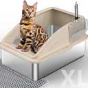 Stainless Steel Litter Box, Extra Large Litter Boxes for Big Cats, XL Metal Cat Litter Box with Lid, Anti-Urine Leakage, Non-Sticky, Include Cat Mat and Litter Scoop (X-Large, Beige)
