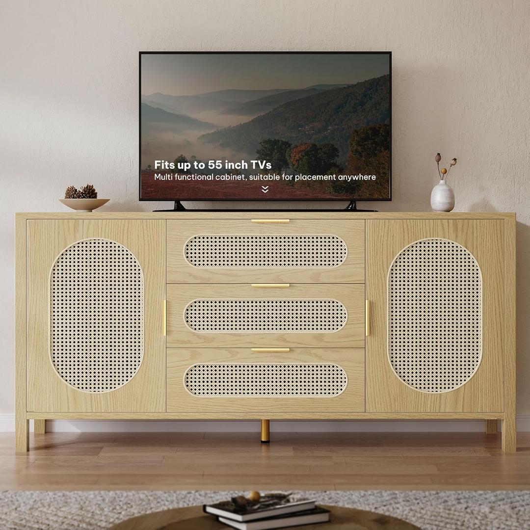DWVO TV Stand 3 Drawer Dressers Storage Cabinet Natural Rattan Oak Wooden Chest with Golden Handles - Modern Large Closet Boho for Living Room/Hallway/Entryway