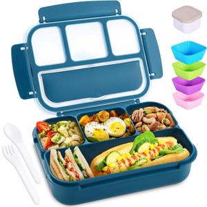 Bento Box Adult Lunch Box, Kids Lunch Containers for School with 4 Compartments, with Utensils, Sauce Jar, Muffin Liners, Microwave Safe, Navy (1200ML)