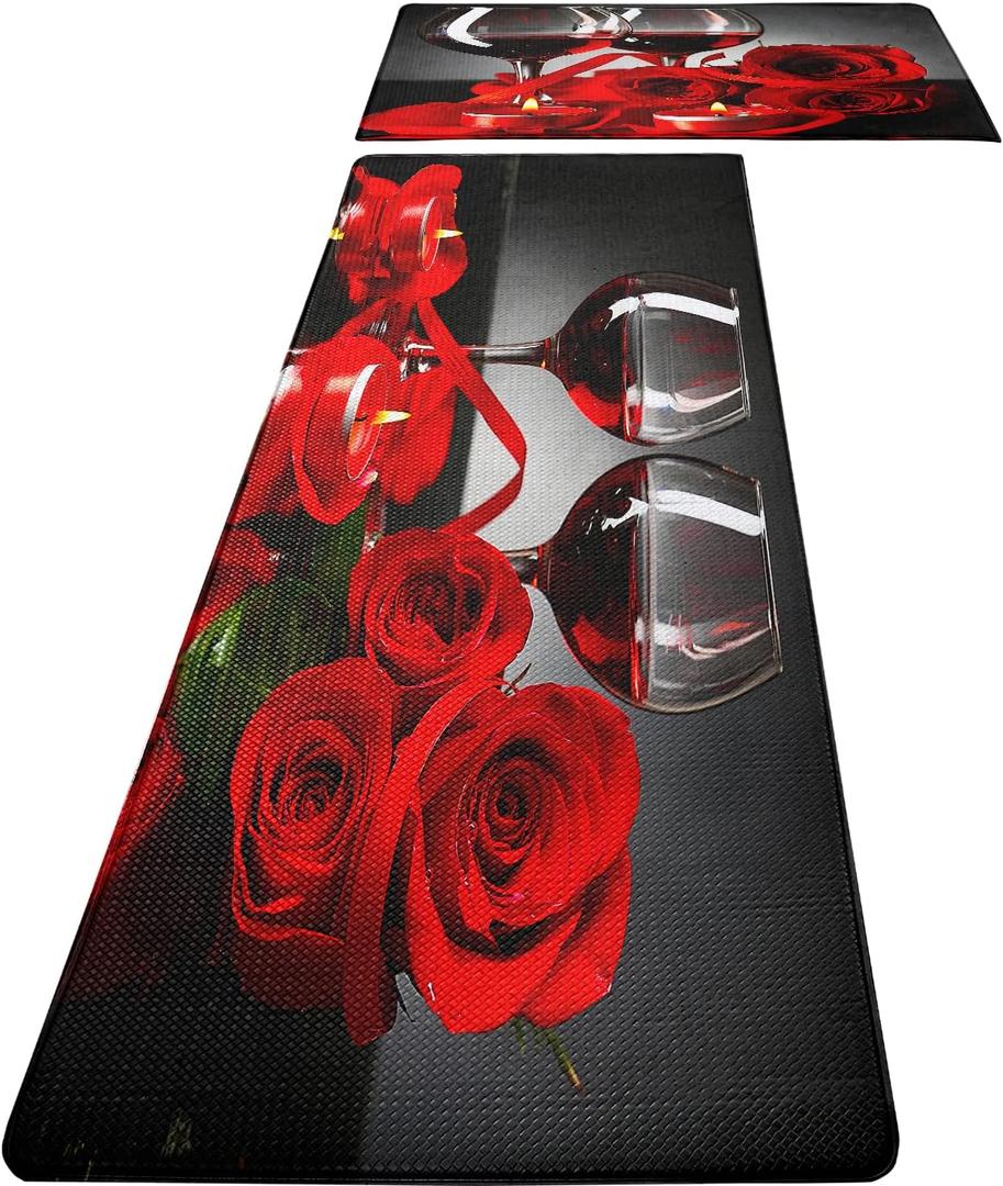 Red  Kitchen Rugs and Mats Set of 2 Modern Rose Anti Fatigue Kitchen Floor Mat Non-Skid Washable Kitchen Runner Rug for Kitchen Sink Laundry (17.5"x29.5"+17.5"x47")