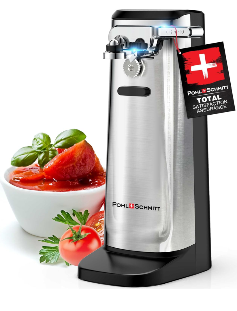 ‎POHL SCHMITT 3 in 1 Electric Can Opener Smooth Edge with Knife Sharpener and Bottle Opener - Easy Push Down Lever - All Standard-Size & Pop-Top Cans, Durable Stainless Steel & ABS, Kitchen Accessories