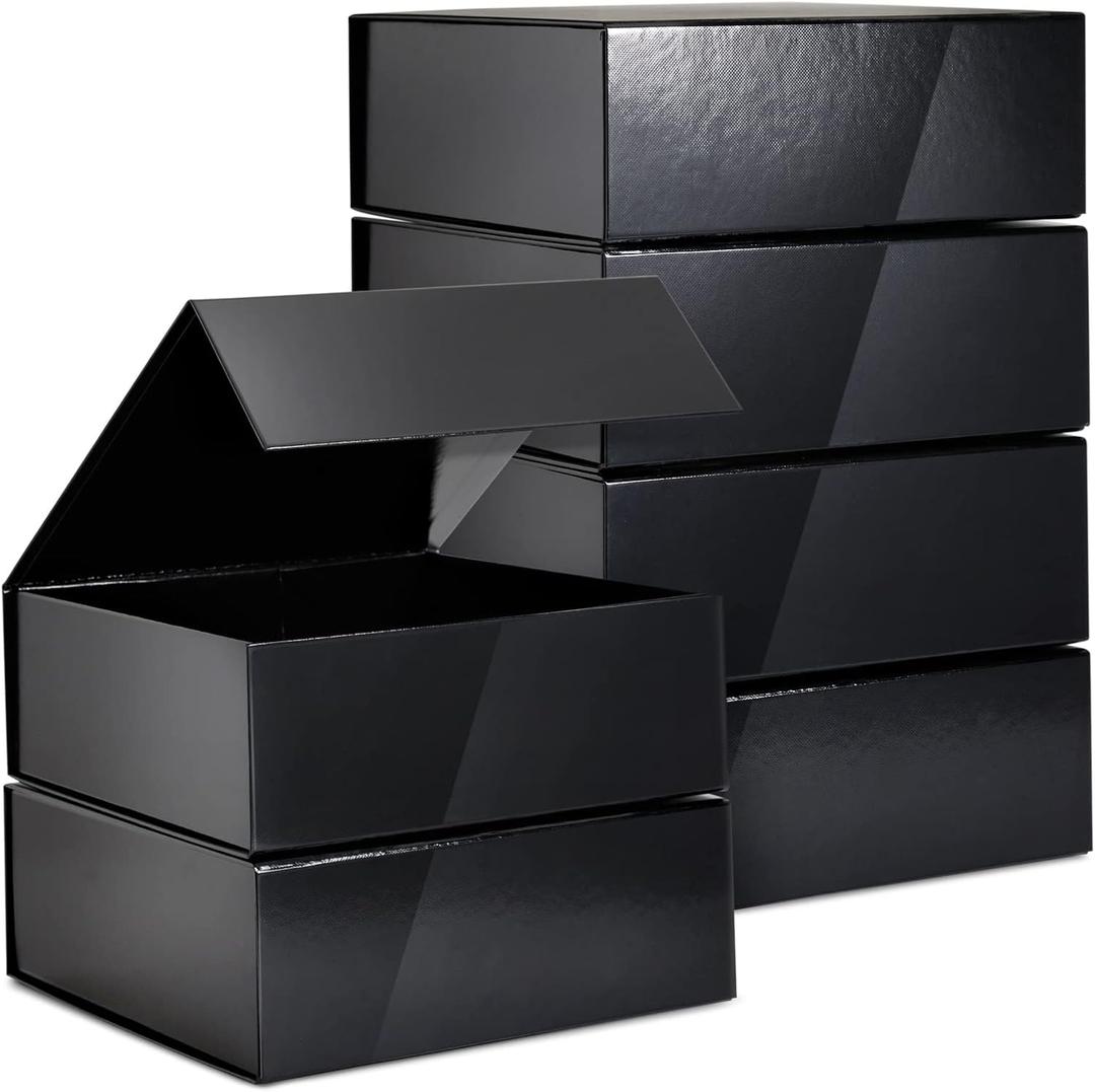 Stockroom Plus Gift Boxes with Lids - 9.5 x 9.5 x 3.5 In, 6-Pack Glossy Black Square - Magnetic Closure & Reusable Decorative Cases for Groomsmen Proposal & Bridesmaid