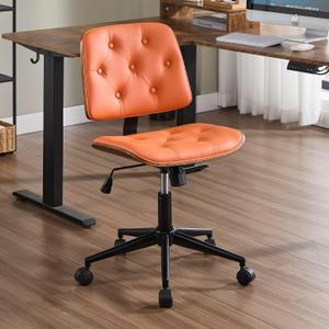 Small Home Office Chair - Armless Mid Back Desk Chair with 360 Swivel and Wheels, PU Upholstered Height Adjustable Modern Walnut Computer Chair for Home, Office Meeting Room - Orange (Button Style)