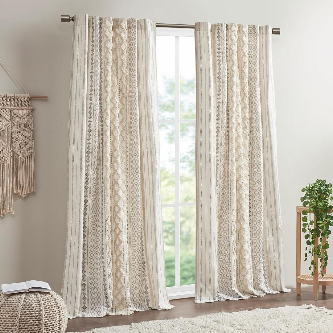 INK+IVY Imani 100% Cotton SINGLE PANEL Curtain Tufted Chenille Stripe Geometric Print Mid-Century Look Rod Pocket Top Drape for Living Room, Privacy Window Treatment for Bedroom, 50" x 84", Ivory 