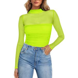 Poetsky Women's Sexy Sheer Long Sleeve Tops Mock Turtle Neck Mesh Ruched Fall Trendy Going Out Shirt Fitted Blouse 2026 (Neon Green, XL)