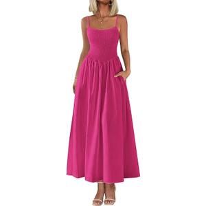 PRETTYGARDEN Women's Smocked Maxi Dresses 2025 Summer Beach Sundress Casual Spaghetti Strap Swing A Line Long Flowy Dress (M, Rose Red)