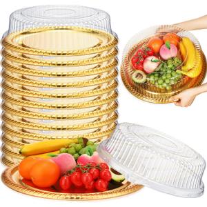 Nitial 12 Pcs Heavy Duty Serving Tray with Clear Lid, Round Elegant Gold Catering Trays Disposable Large Plastic Platters for Fruit Cake Sandwich Party Takeout Food Picnic Supplies (16 Inches)