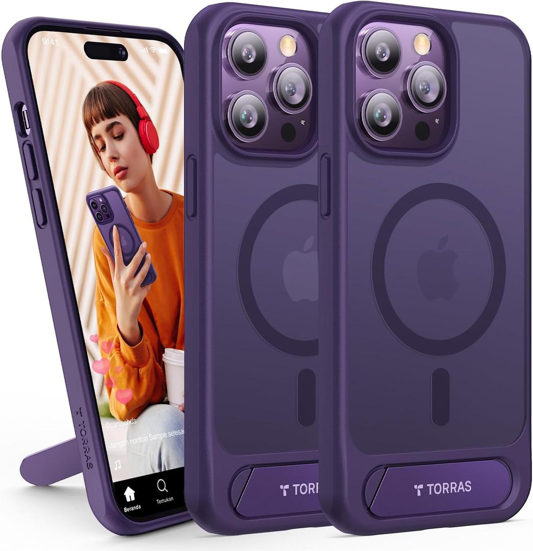 TORRAS for iPhone 14 Pro Max Case Translucent Purple | Strong Magnetic & Seamless Stand, Fit for MagSafe, Military-Grade Drop Protection, Sturdy Adjustable Built-in Kickstand, Slim Matte Finish