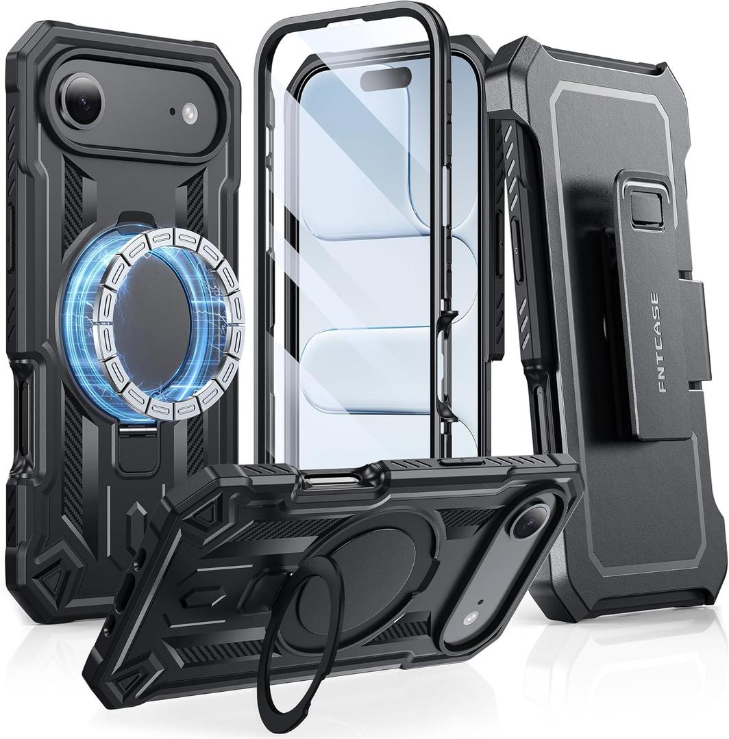 FNTCASE for iPhone Air Phone Case: with Kickstand [Built-in Screen Protector & Belt Clip] [Compatible with MagSafe] Military Grade Full Body Shockproof Rugged Magnetic Cell Phone Cases Black