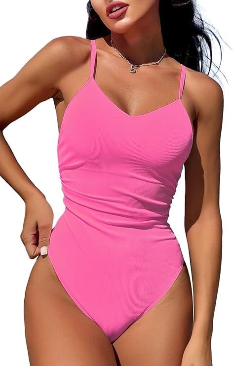 swimall Women's One Piece Swimsuit Tummy Control Cutout Bathing Suit High Waist Ruched Retro Swimwear with O-Ring (Pink)XL