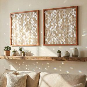 Yerliker 2 Pcs 24"x24" Capiz Shell Wall Decor, Framed Seashell Wall Art, 23.62"L x 23.62"W
