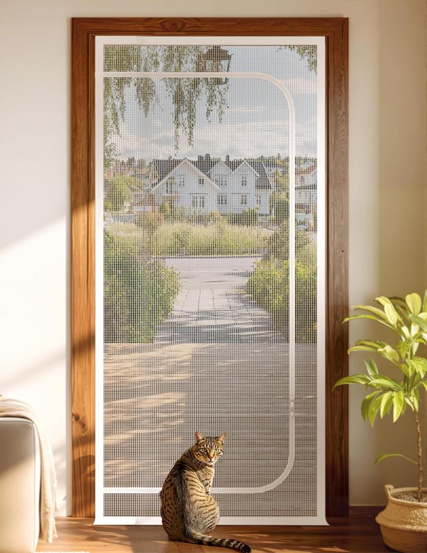 Cat Screen Door, Extra Tall Cat-Proof Mesh Gate, Fit Door Size 30'' x 80'', Anti Scratch Mesh with Zipper Closure, for Living Room, Kitchen, Bedroom (White)