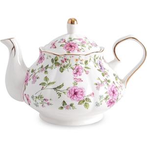 Flower Ceramic Teapot,22oz Porcelain Tea pot for Tea Coffee Milk for Office Home Men Women as Gift (White and big flowers)