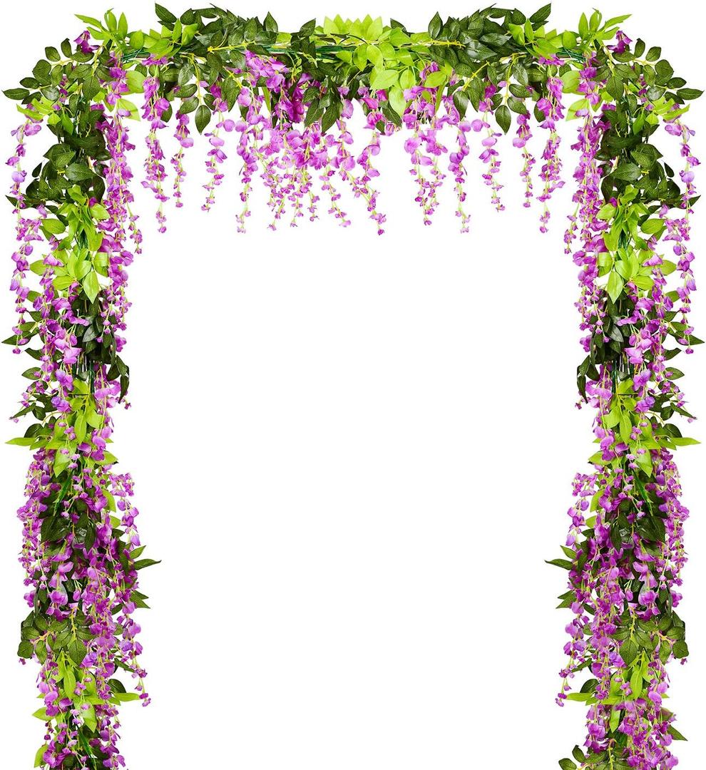 Lvydec Wisteria Artificial Flowers Garland, 4 Pcs Total 28.8ft Artificial Wisteria Vine Silk Hanging Flower for Home Garden Outdoor Ceremony Wedding Arch Floral Decor (Purplish Red)