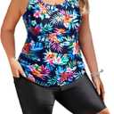 Plus Size Tankini with Shorts - Women Two Piece Bathing Suit Top Tummy Control Swimwear Bottom with Pockets (Colorful Floral)
