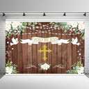7x5ft God Bless Baptism Backdrop First Holy Communion Party Decorations Newborn Baby Shower Banner Rustic Wood White Floral Ribbon Photography Background Decor Supplies