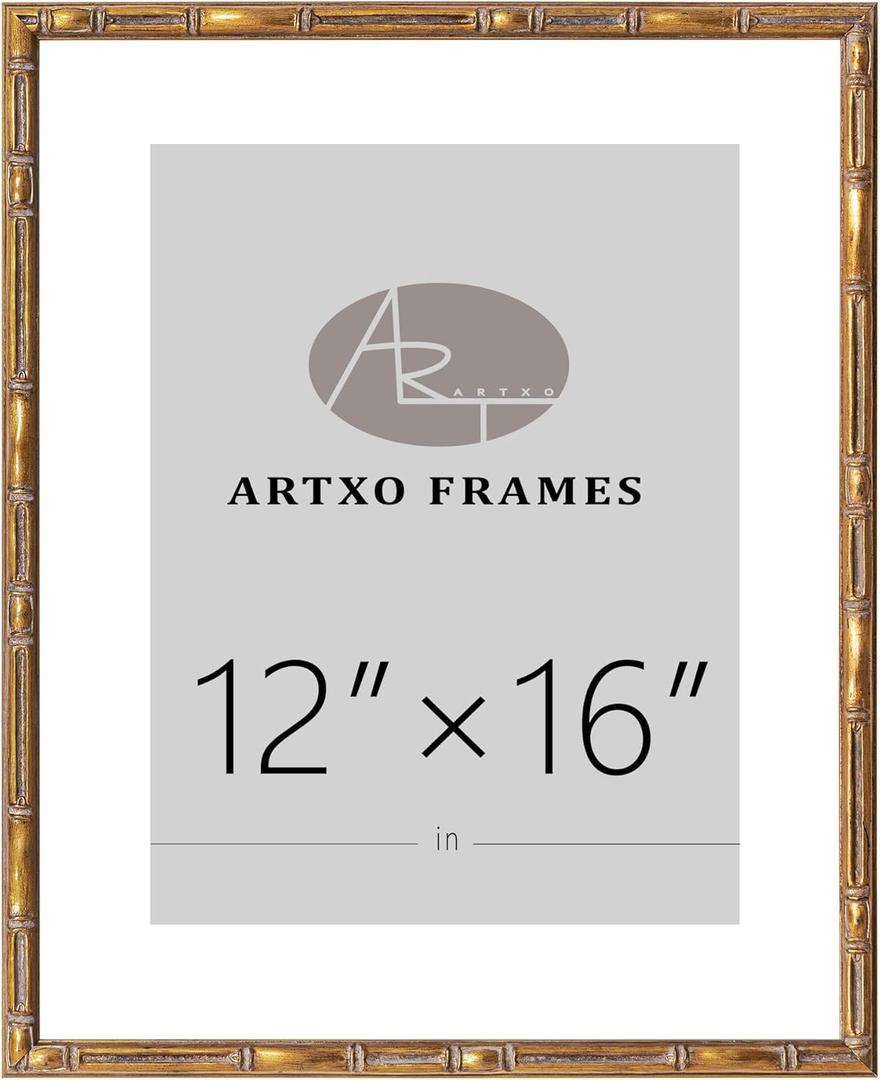 ArtXO 12"x16" Picture Frame Wooden, Display Pictures 8.5"x11" with Mat or 12"x16" Without Mat,Gold Bamboo Poster Frames,Hanging Photo Frame Wall