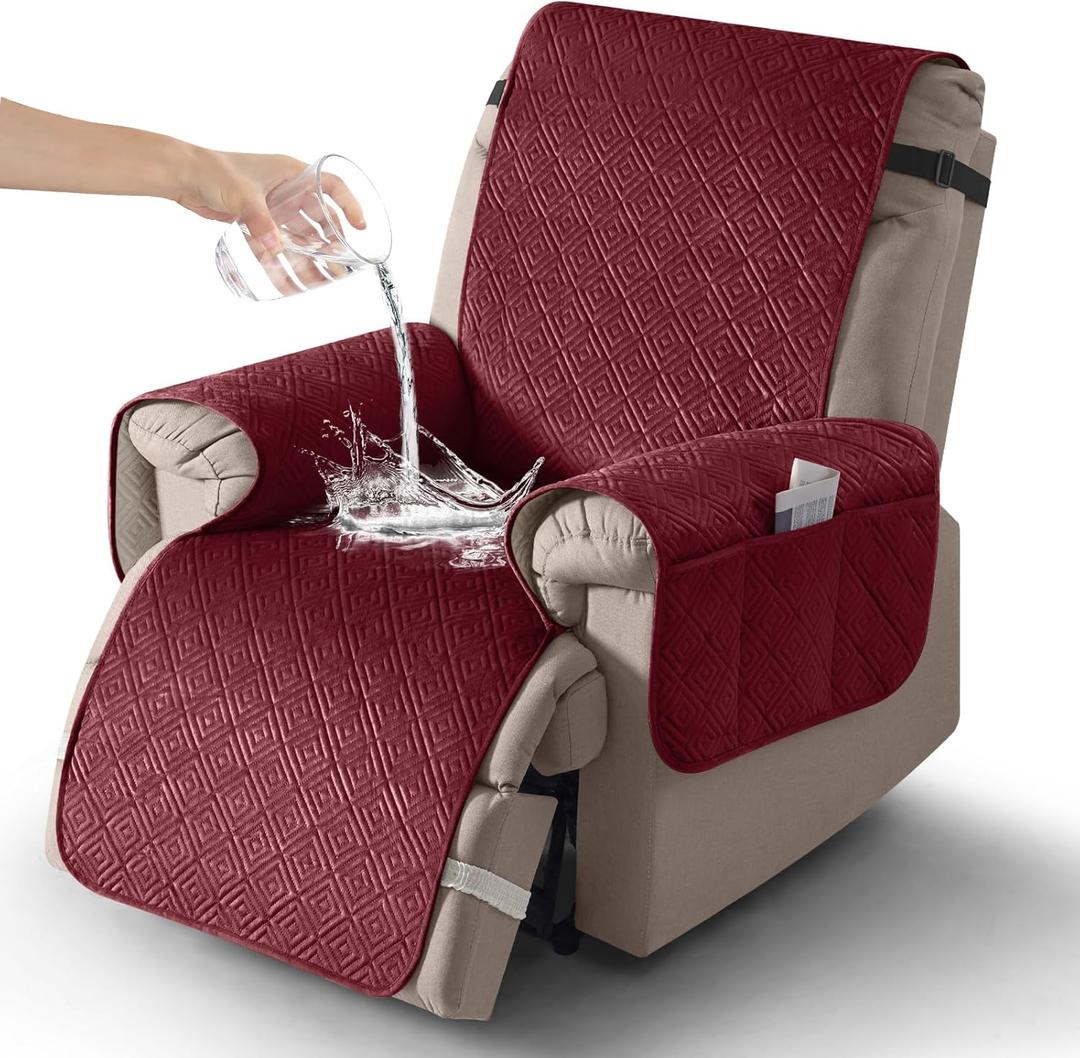 Timeles Velvet Recliner Chair Cover, 100% Waterproof Recliner Covers That Stay in Place with Pocket for Pets & Dogs (Oversized: 30", Burgundy)