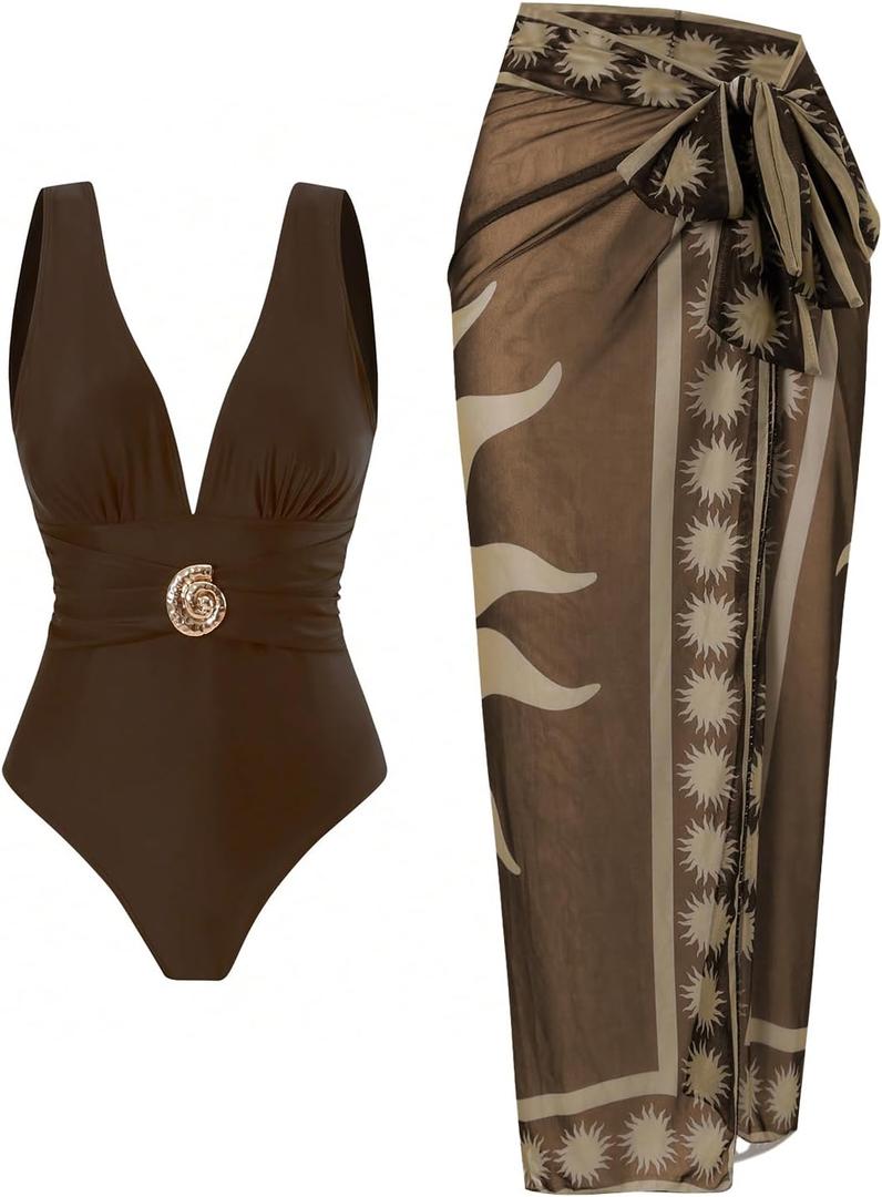 SherryDC One Piece Swimsuit with Cover up Wrap Skirt Sarong Floral Print Plunge V Neck Bathing Suit for Women (Medium, 151-brown)