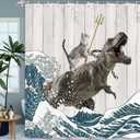 Boziqr Funny Cat Shower Curtain, Cool Cat Dinosaur Japanese Ocean Wave Decor Fabric Bathroom Curtains, Kids Children Rustic Wooden Farmhouse Shower Curtain, 70X70 Inches (Grey)