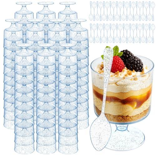 Kritkin 200 Pcs Dessert Cups with Spoons Small Plastic Goblets Disposable Parfait Pudding, Mousse, Appetizer Cups Set for Wedding Valentine's Day Party(Goblet,Blue Glitter)