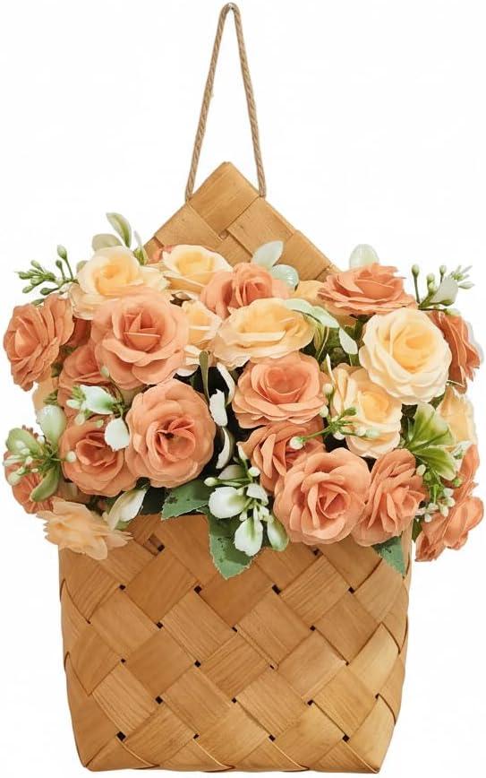 Farmhouse Wall Decor Basket - Cottage Core Decor - Small Hanging Basket with Artificial Flowers,Room Decor Wall Baskets, Baskets Wreaths for Front Door, Spring Decoration