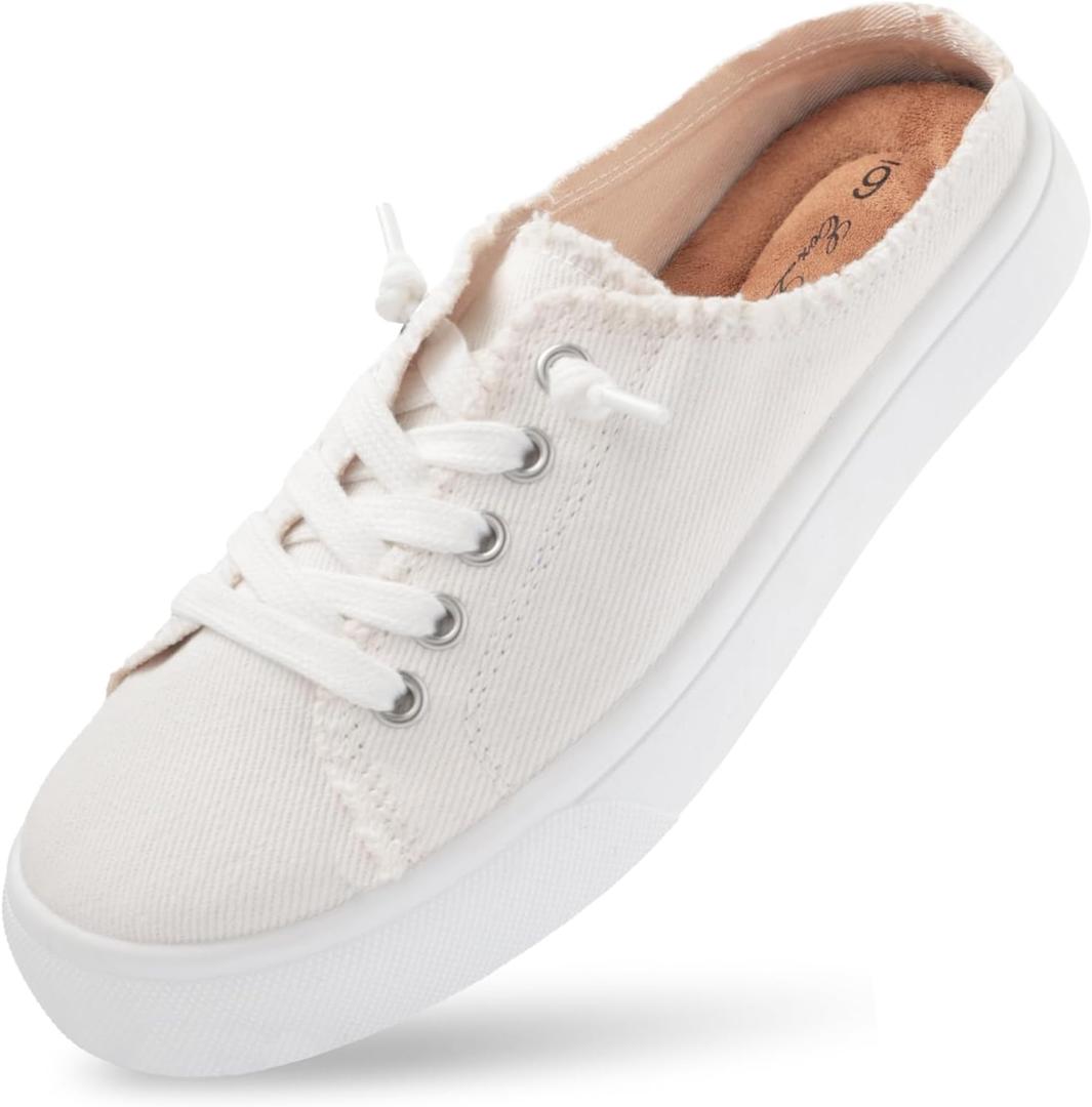 Womens Slip-On Shoes, Wide Canvas Mules with Suede Memory Foam Insole Backless Comfortable Casual Sneakers (White), Size 9