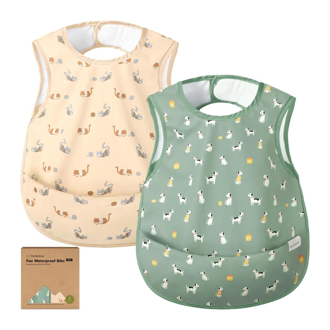 KeaBabies Waterproof Bibs for Baby Girl,Boy  2-Pack Lightweight, Large Baby Bibs for Eating, Wearable Food Catcher, 6-12 Months Infant Feeding Essentials, Smock for Toddlers 1-3, Kids (Pets & Paws) (Mod)